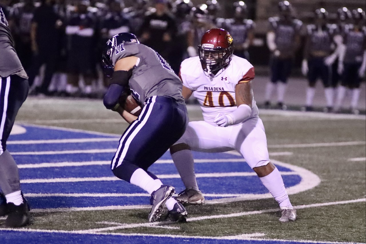 Lancer Giovanni Giron gets ready to make the tackle on this play during PCC's 2021 season-opening loss at Cerritos College.