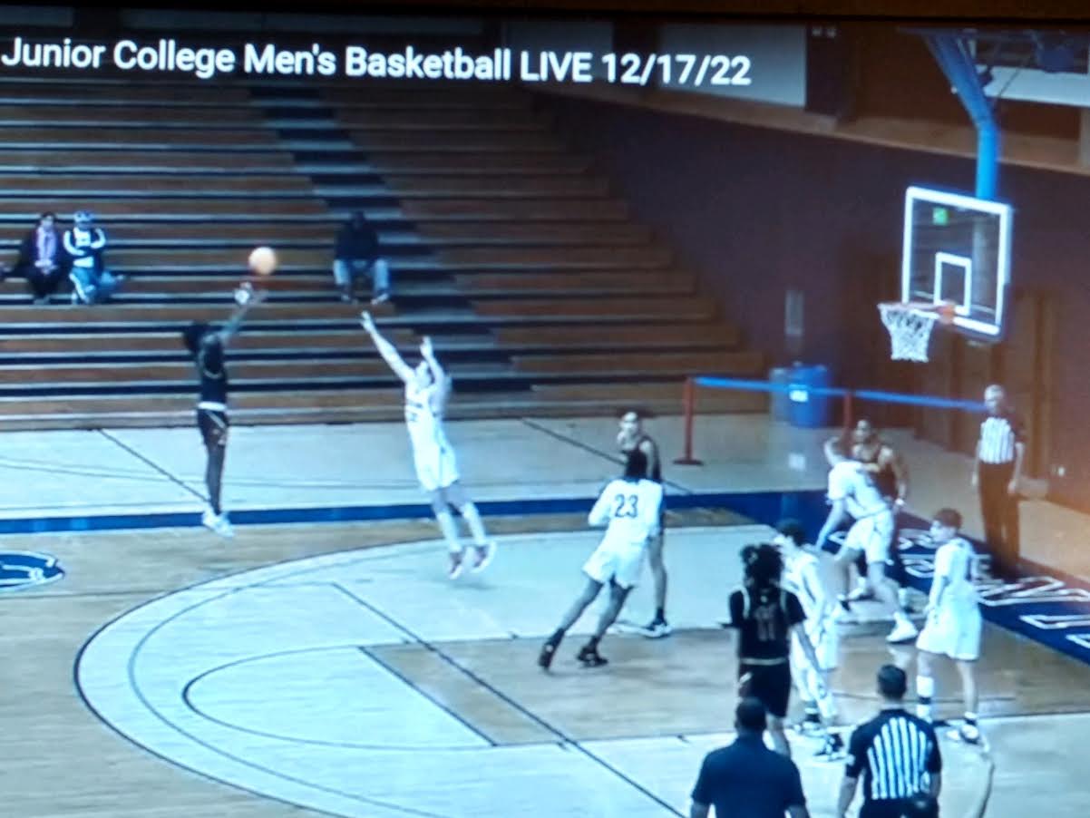 Nurridin Abdur-Rahman fires off a shot in the Lancers win at Santa Rosa JC on Saturday (photo from NorCal TV broadcast).