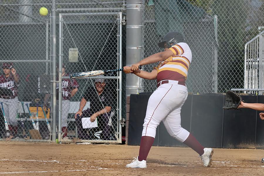PCC's Bree Howard slugs this home run in the fourth inning of Thursday's win, photo by Richard Quinton.