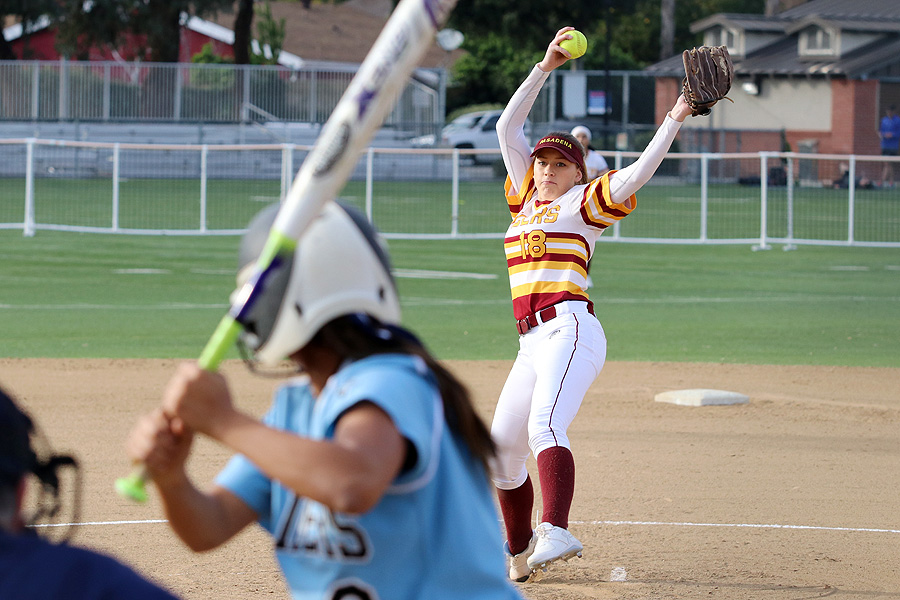 Angel Wintercorn hurls a pitch in her first collegiate start on Tuesday at Robinson Park, photo by Richard Quinton.