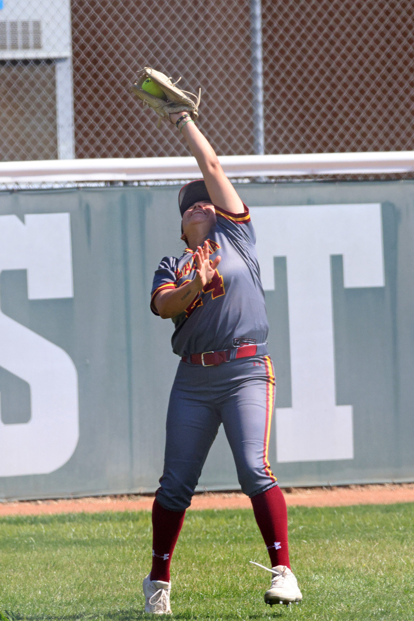 PCC leftfielder Olivia Nanez has flashed the leather all season and makes the catch at East LA College on Wednesday (photo by Richard Quinton).