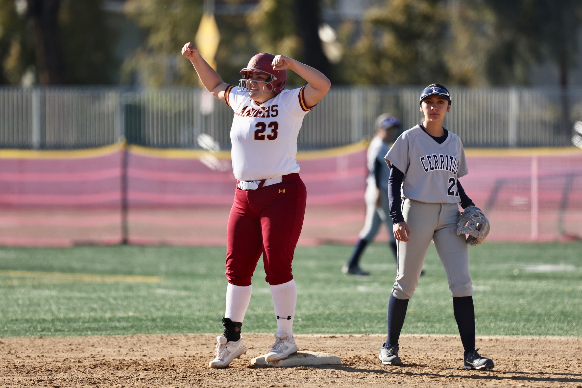 Kiley Kraft is pumped after her double in PCC's win over Cerritos on Thursday (photo by Michael Watkins).
