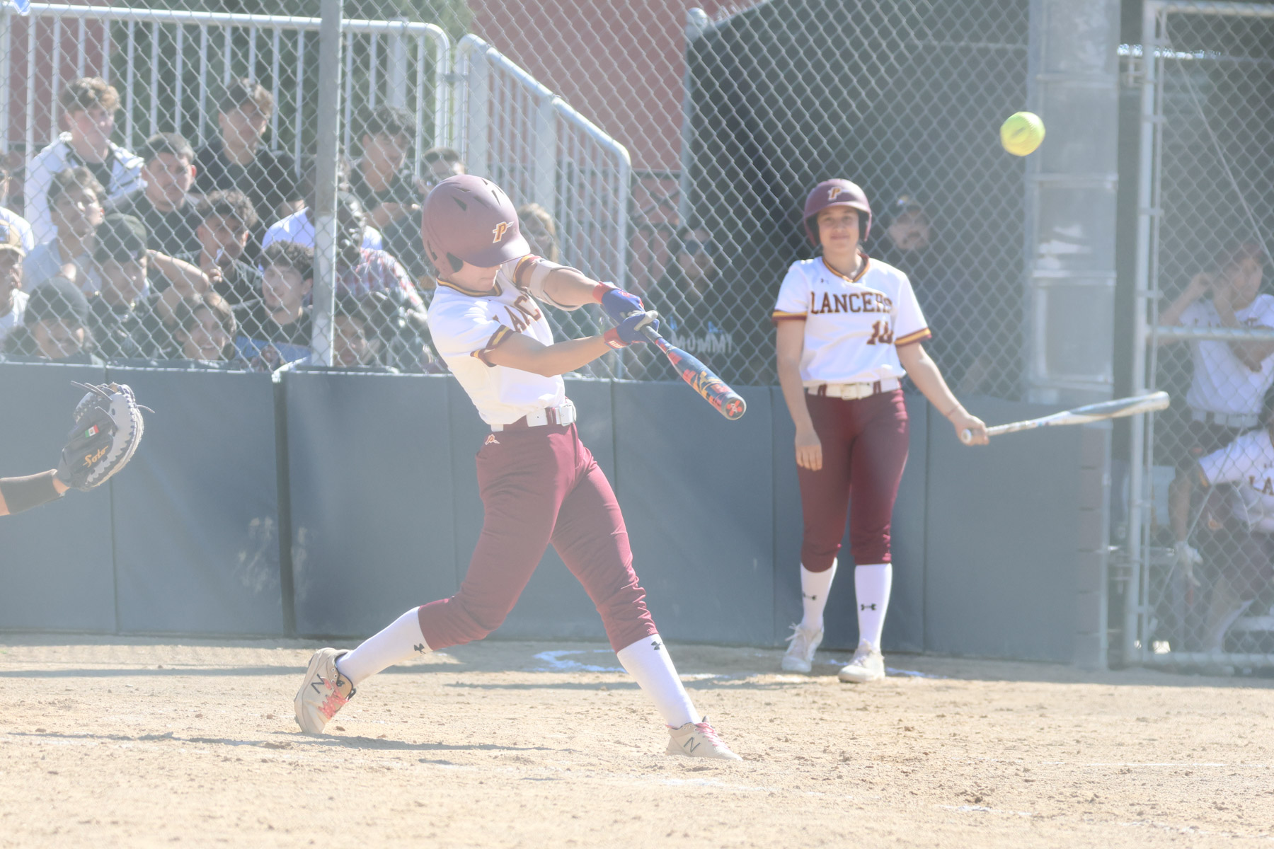 Lucero Alcaraz hits a double during PCC's game on Tuesday (photo by Richard Quinton).