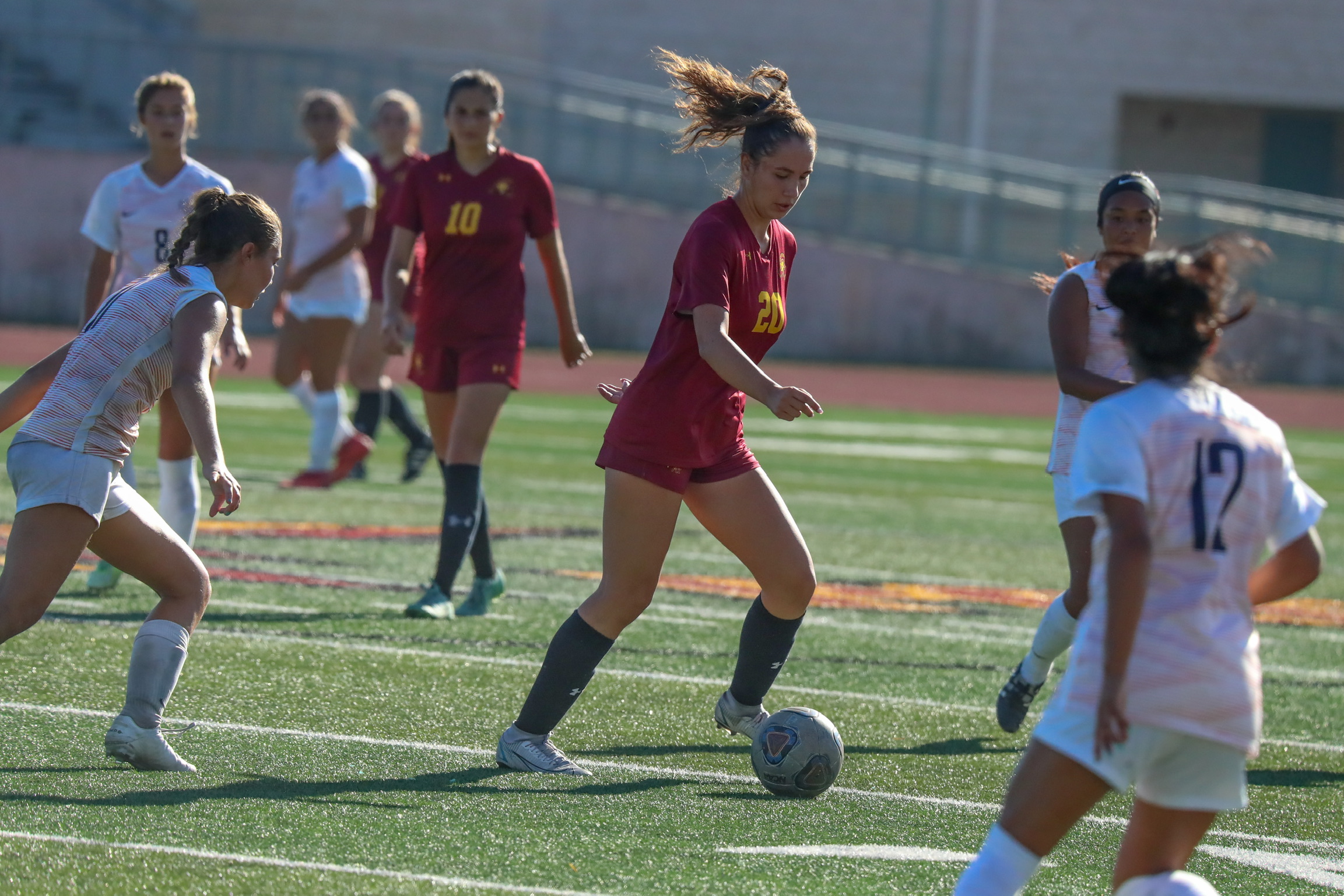 Olivia Aguilar, in a game from last week, scored one of PCC's goals in a 4-1 win at LA Valley College on Friday (photo by Michael Watkins).