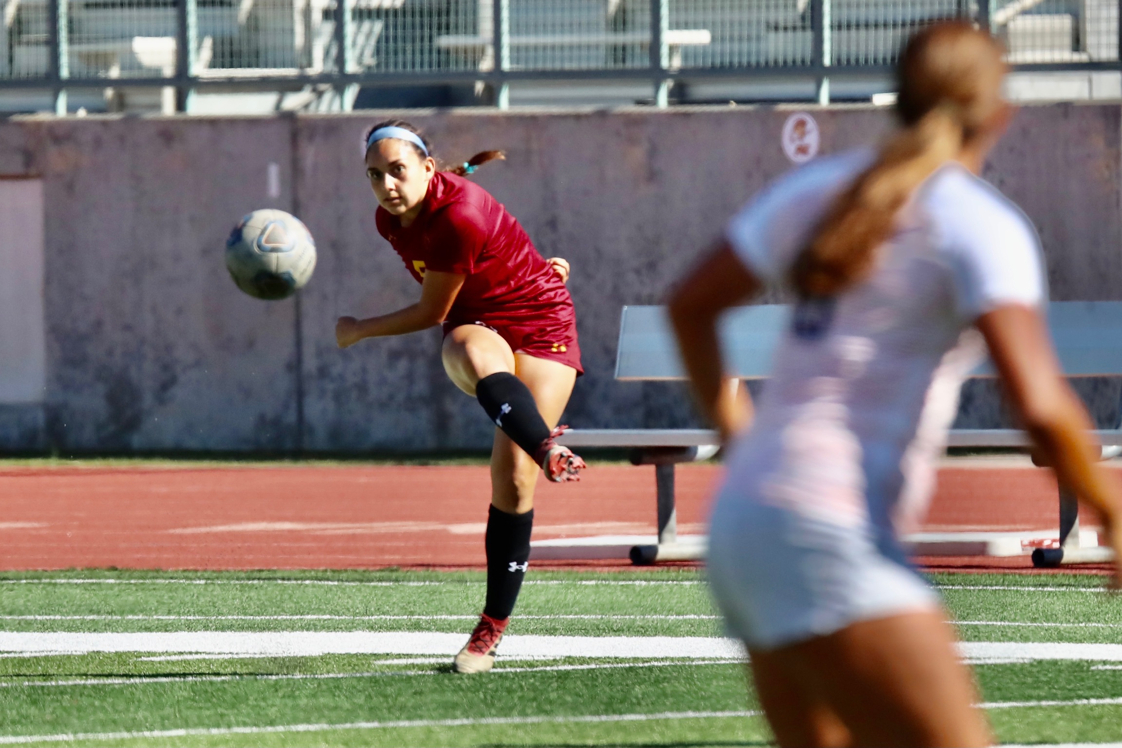 Lancers defender Angie Alvarado was a standout in PCC's loss to Orange Coast on Tuesday afternoon (photo by Michael Watkins).