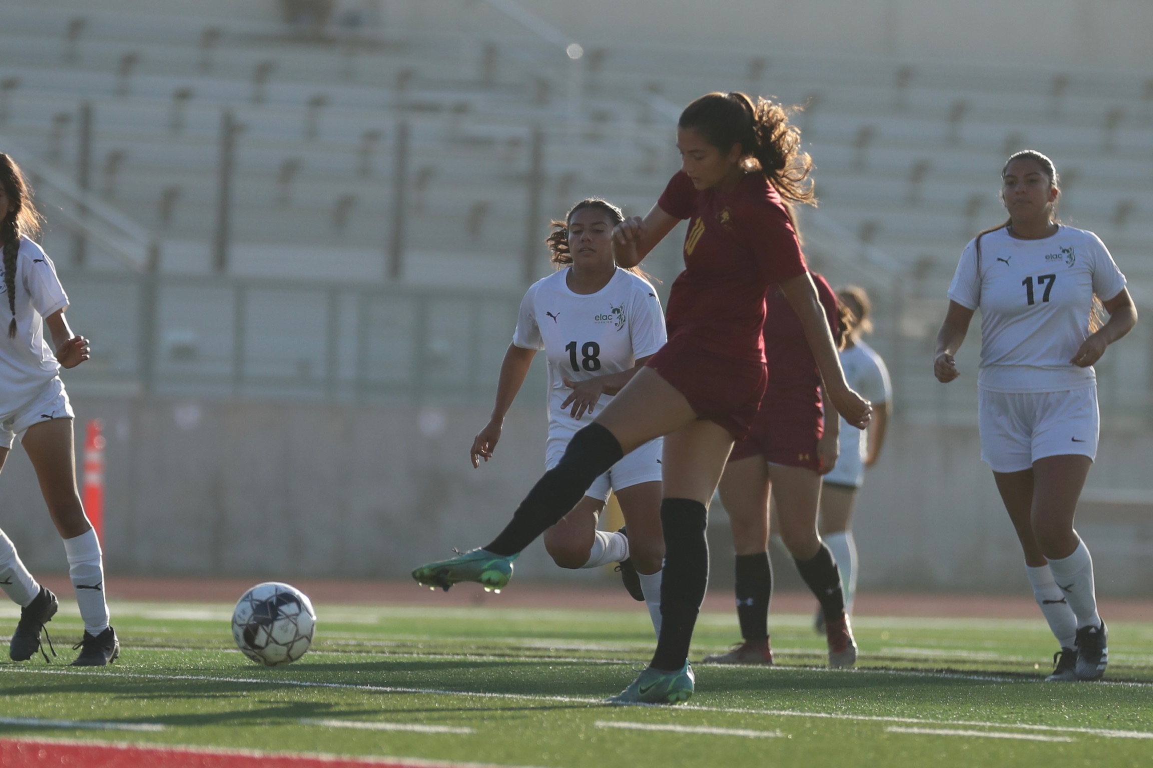 Juanita Diaz scores one of her four goals in Friday's SCC Tournament win over East Los Angeles (photo by Michael Watkins).