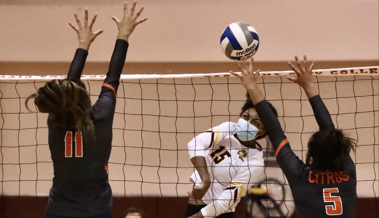 Monet Latunde pounded 11 kills in Wednesday's PCC win at Chaffey (photo by Michael Watkins).